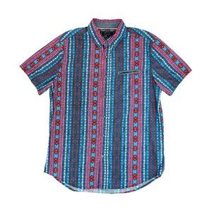 21 Men Shirt Medium Blue Red Button Down Classic Fit Short Sleeve Striped pocket